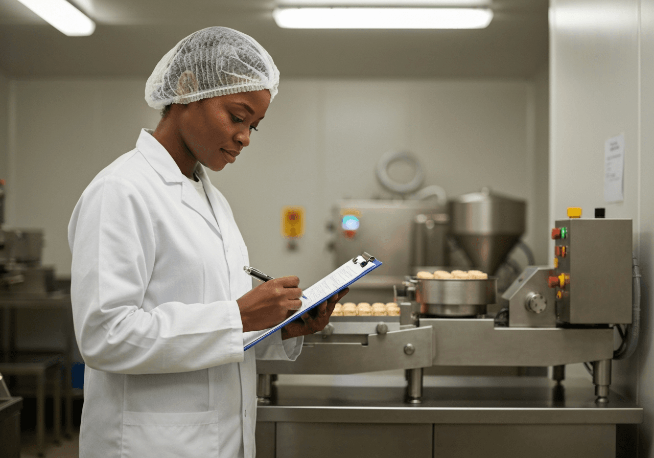 Food producer reviewing SALSA accreditation documentation in a small-scale production kitchen