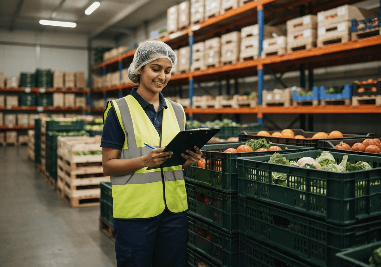 Quality assurance check of incoming goods at a small wholesale food distribution warehouse