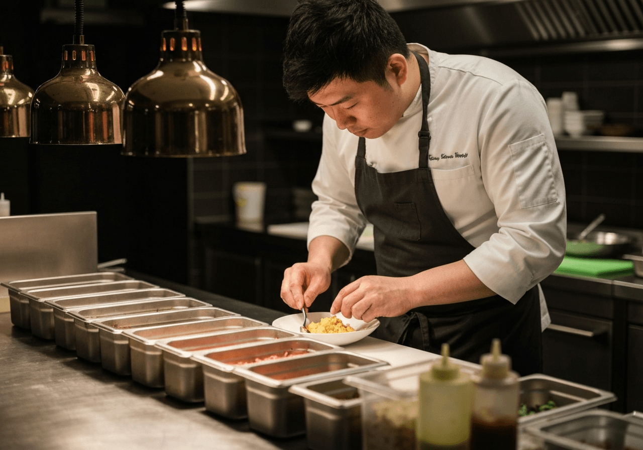 Chef preparing dishes at colour-coded stations to prevent allergen cross-contamination