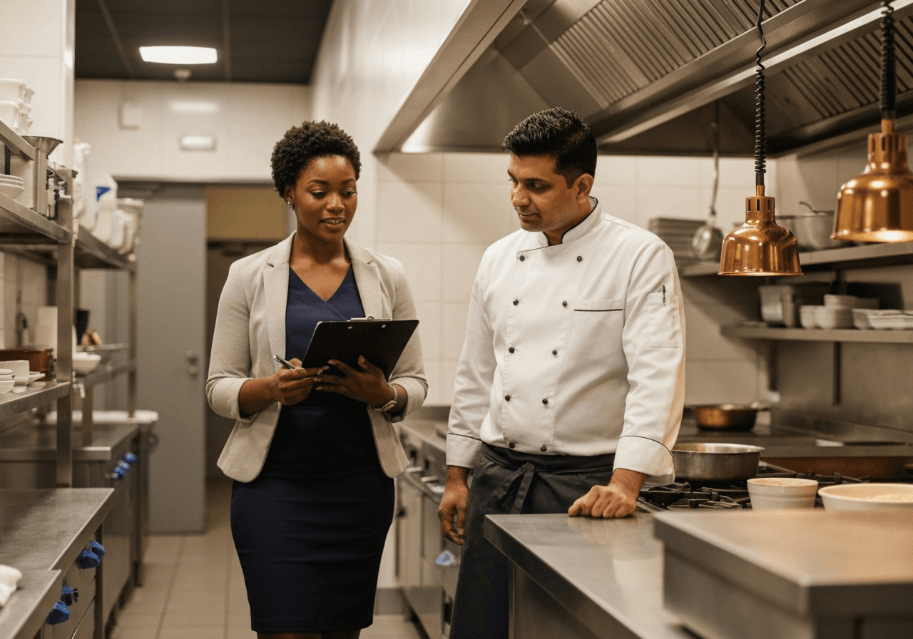 Food safety consultant conducting a kitchen compliance audit, reviewing records on a clipboard