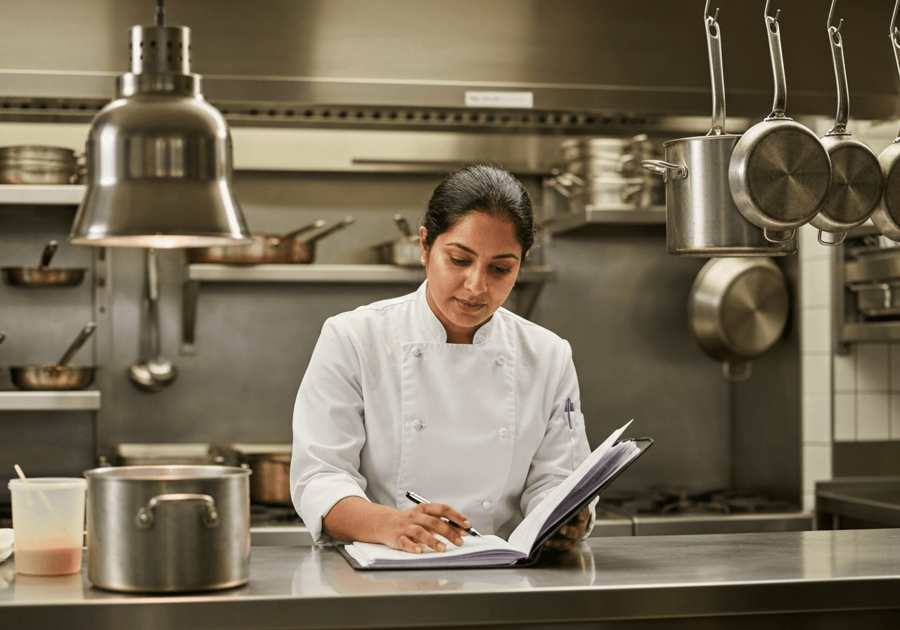 Chef reviewing a HACCP plan document at a kitchen workstation