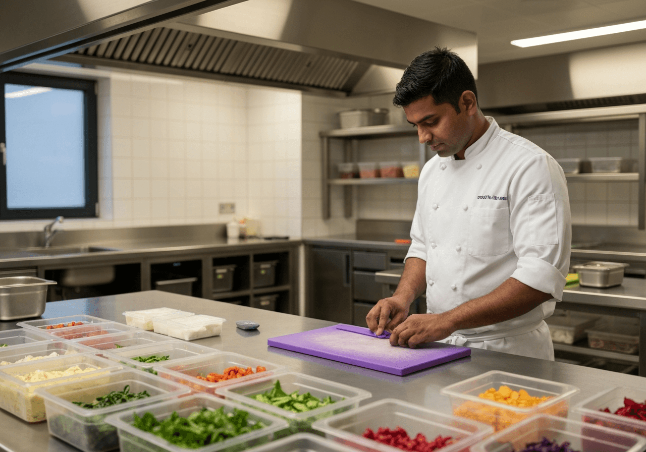 Chef working at colour-coded preparation stations to prevent allergen cross-contamination