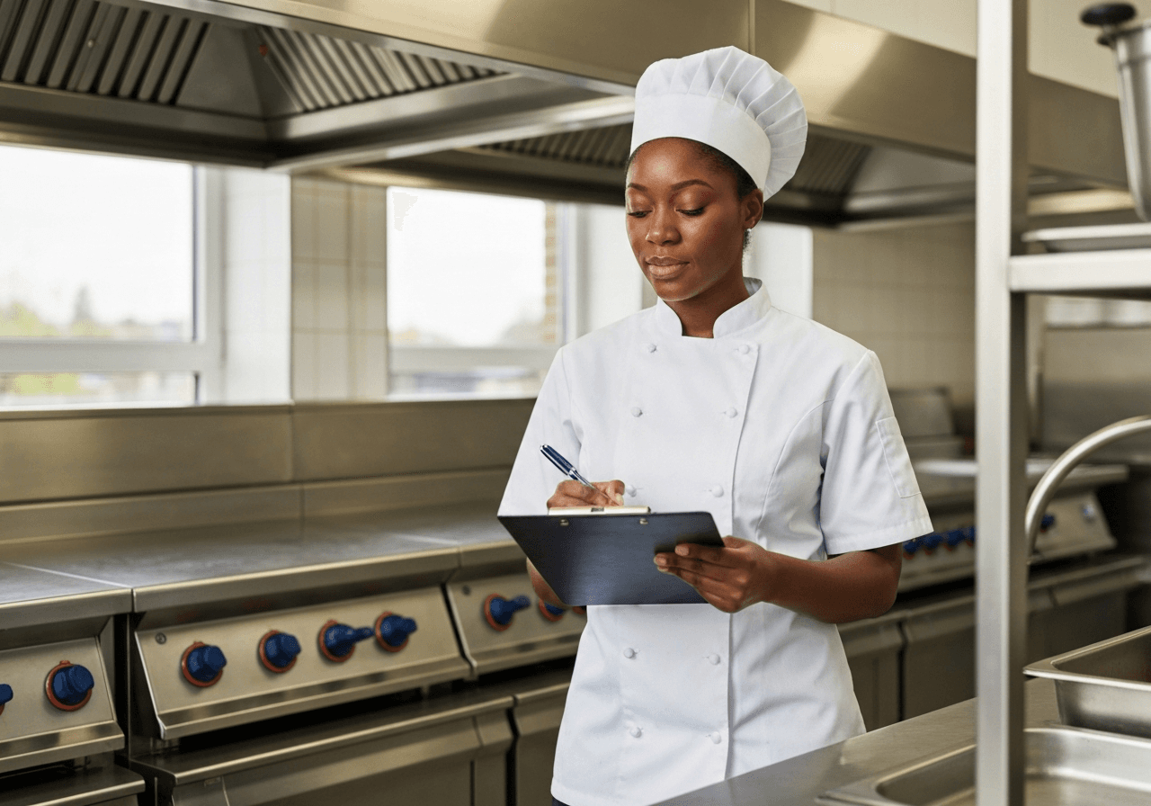 Catering manager reviewing a HACCP plan on a clipboard in a school kitchen