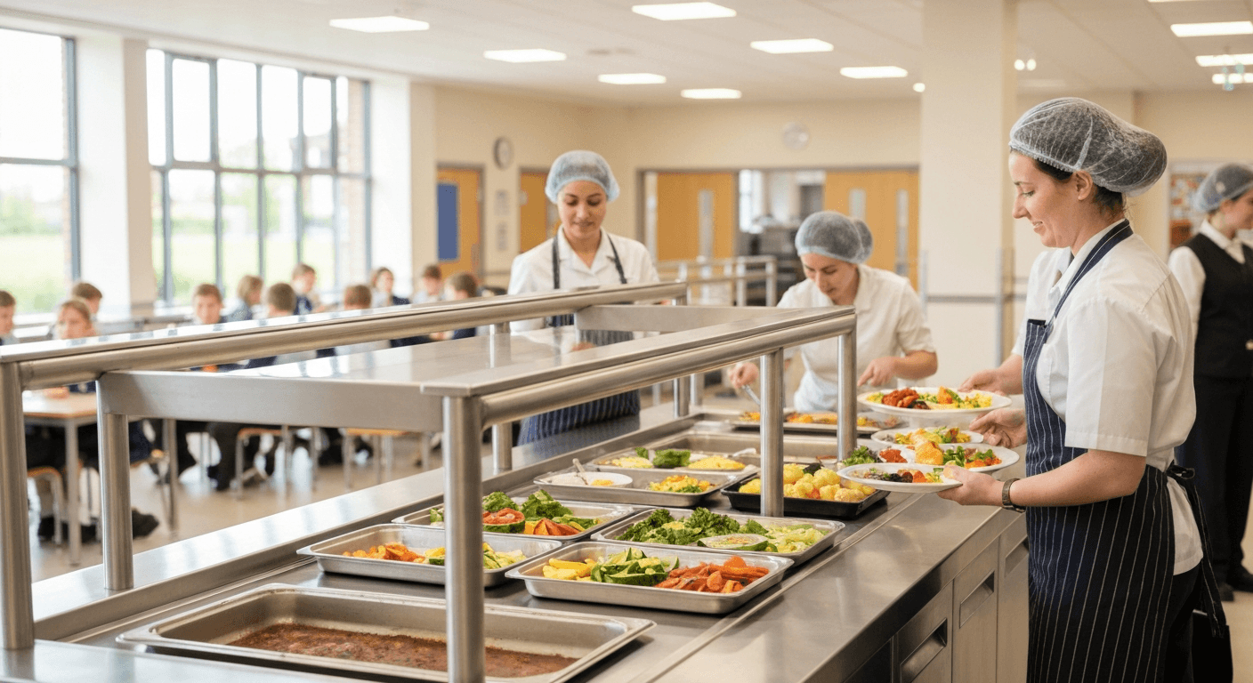 School dining hall servery with catering staff preparing meals for pupils