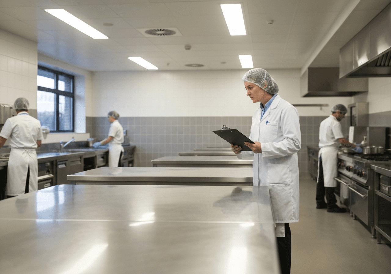 Food safety inspector in a white coat conducting a kitchen compliance inspection