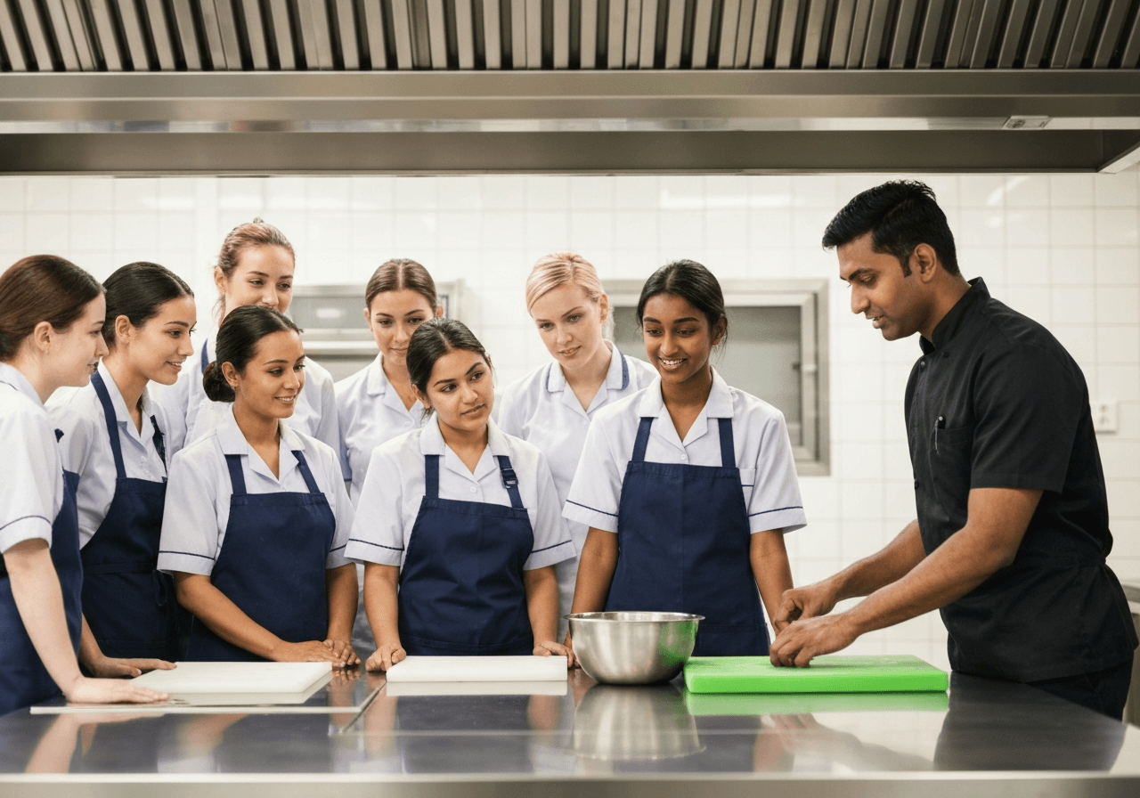 School catering staff attending a food hygiene training session