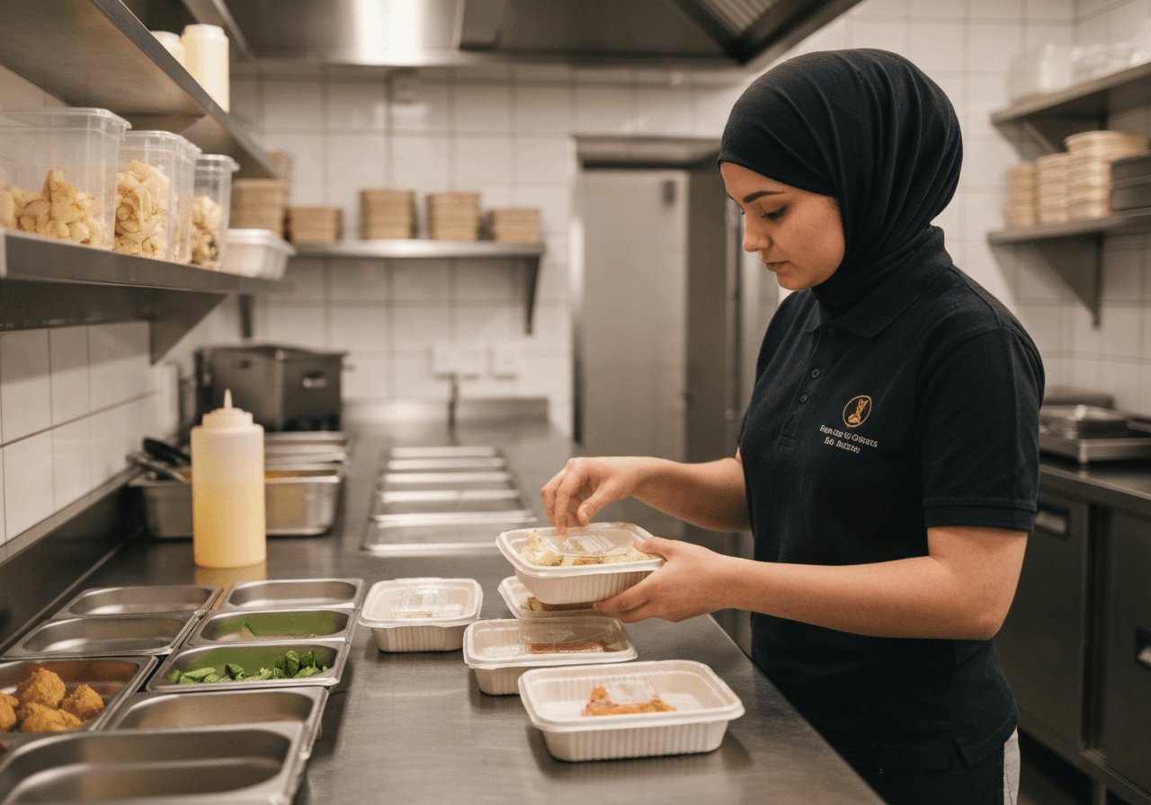 Takeaway packaging with clear allergen labelling on the counter