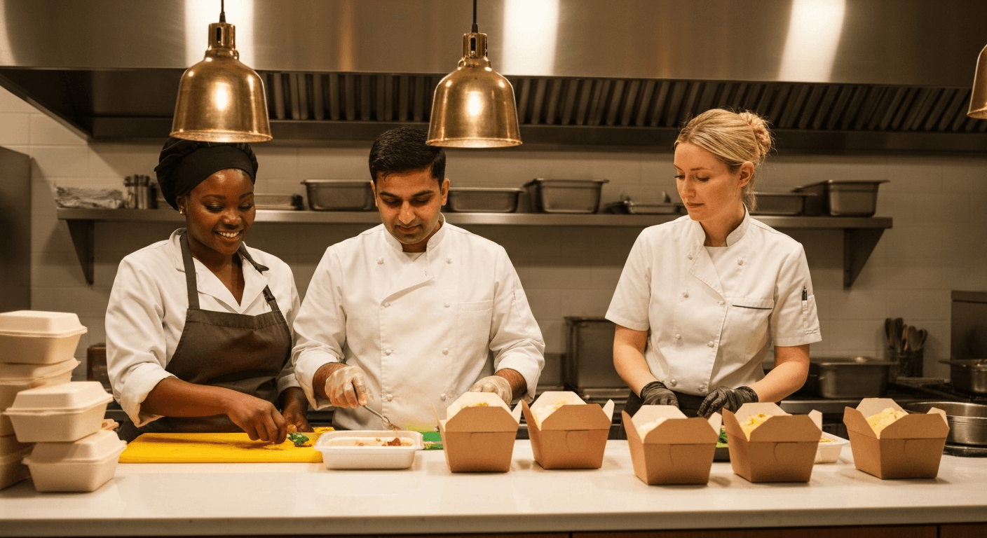 Busy takeaway kitchen counter with staff preparing orders for delivery app couriers