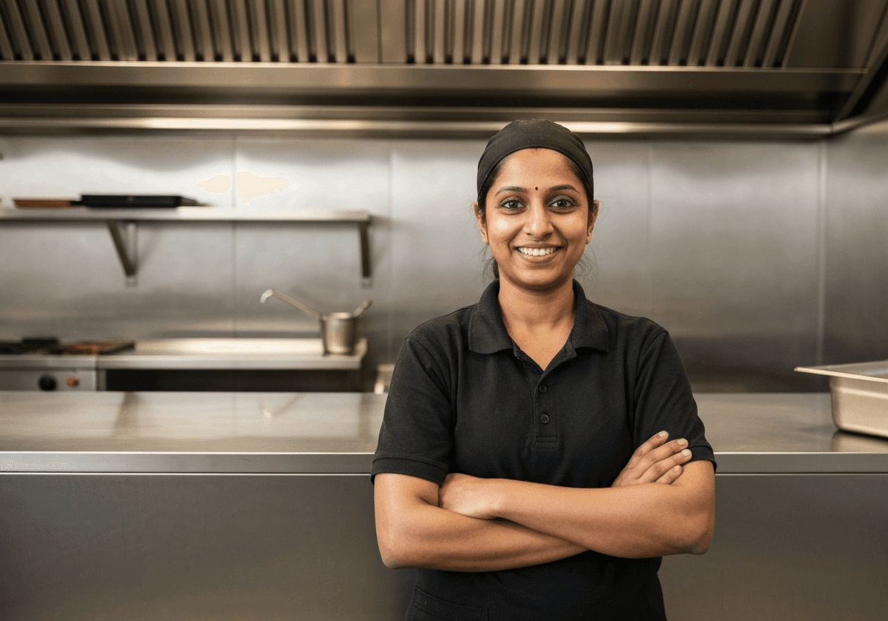 Takeaway kitchen manager reviewing an FSA hygiene rating certificate on a wall