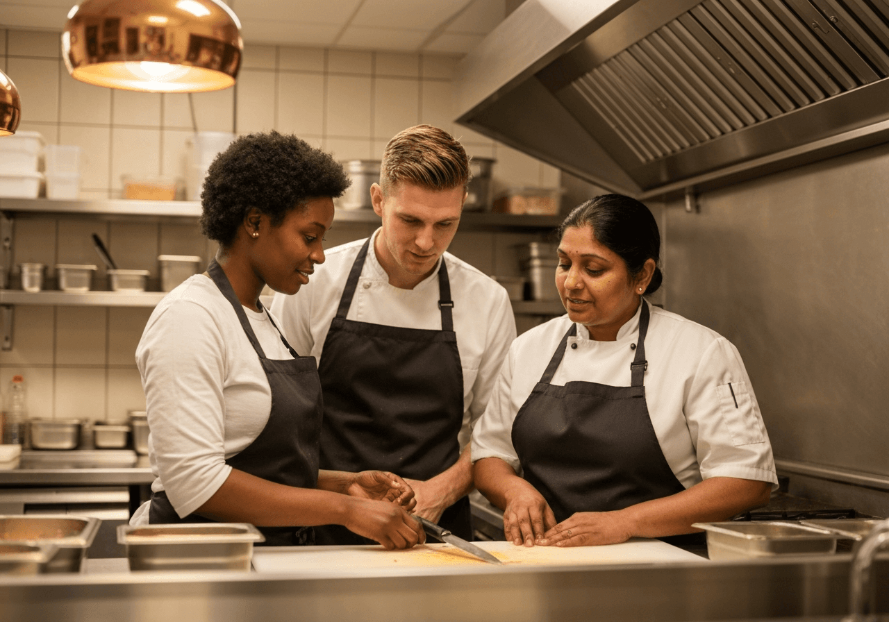 Takeaway kitchen staff attending a food hygiene training session