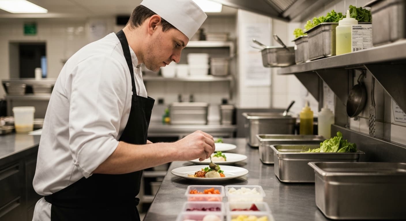 Chef plating a dish beside colour-coded prep containers