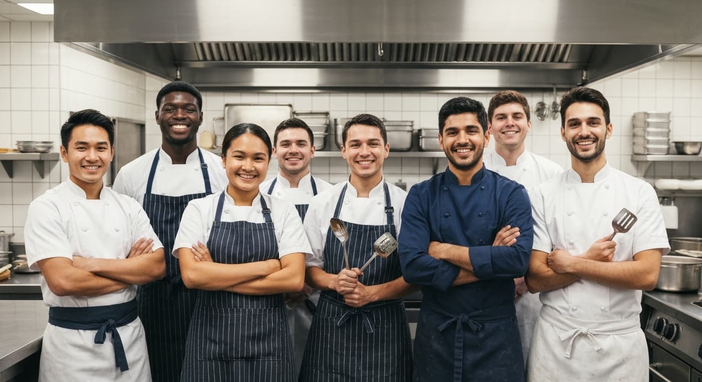 Proud kitchen team standing together in their bright, clean kitchen