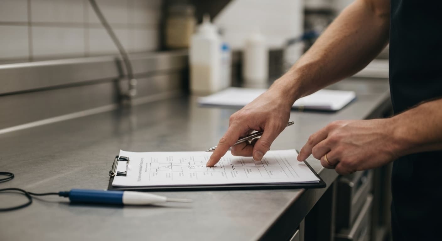 Hands pointing at a printed HACCP flow diagram on a clipboard beside a probe thermometer