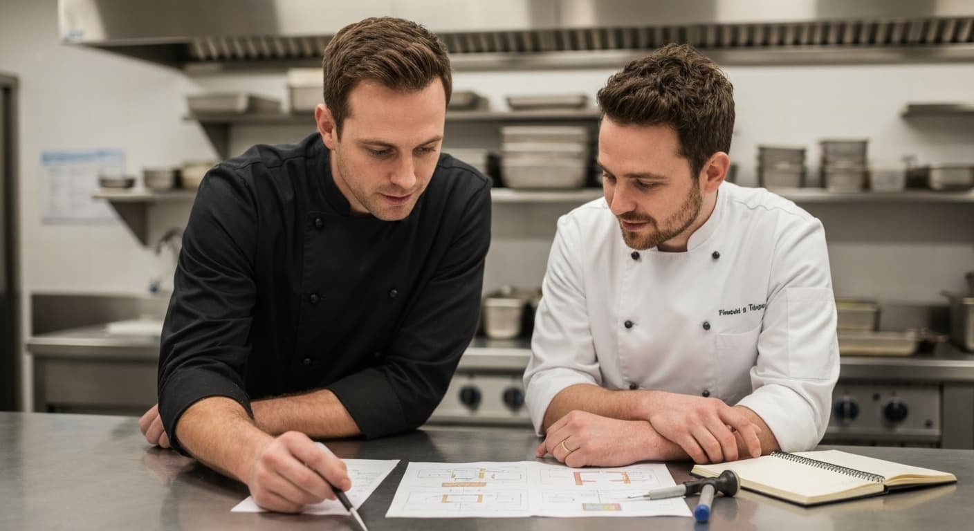Consultant and chef reviewing HACCP process charts at a stainless steel counter