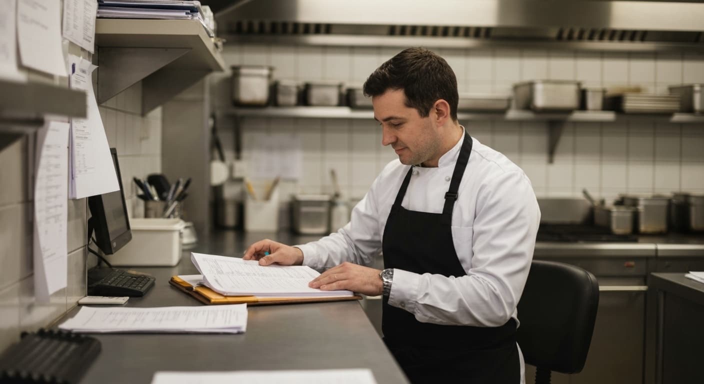 Manager checking a tidy folder of food safety records in the kitchen