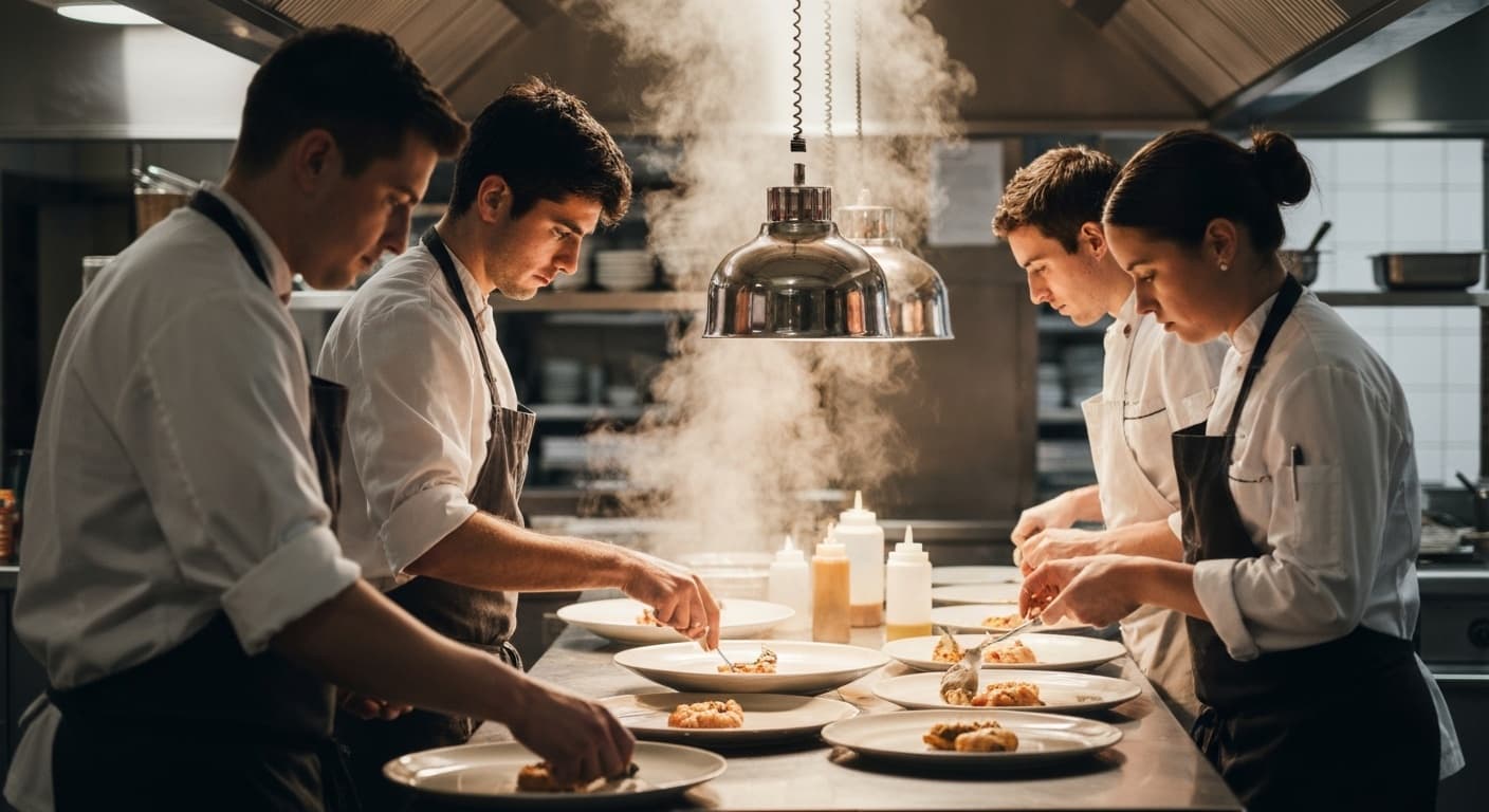 Calm, orderly kitchen service with chefs plating at the pass