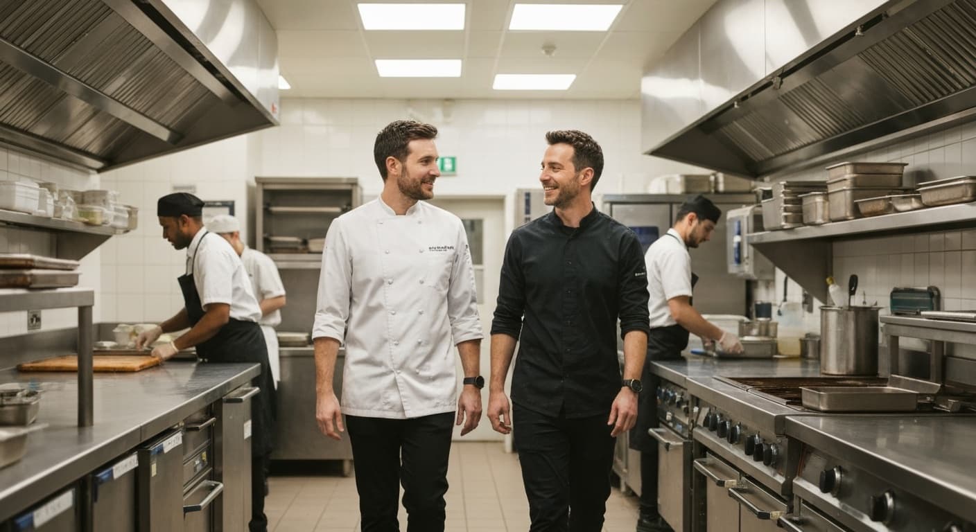 Consultant and manager walking through a spotless commercial kitchen