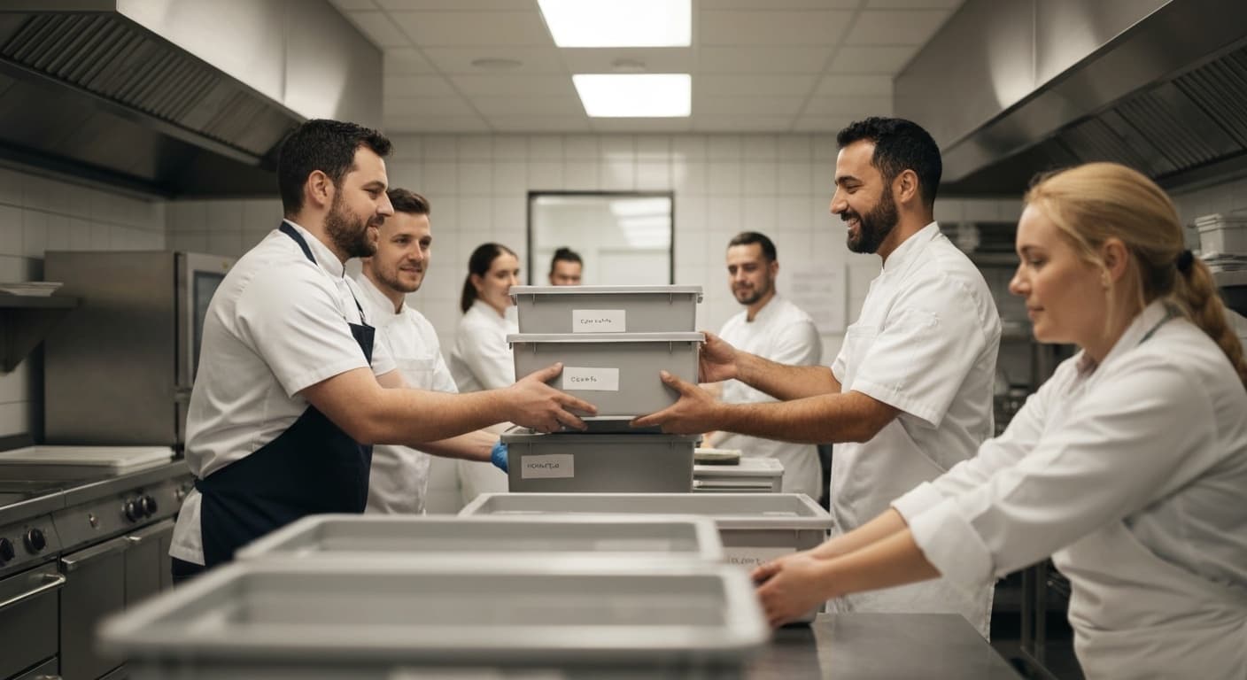 Kitchen team reorganising and cleaning their workspace together