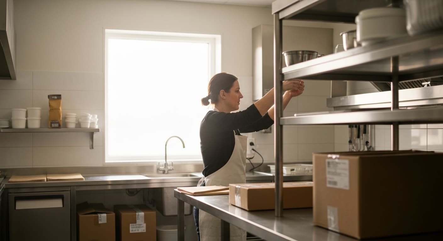 New café owner setting up a bright, newly fitted commercial kitchen