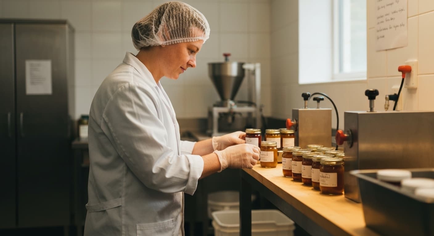 Artisan producer inspecting jars on a small production bench