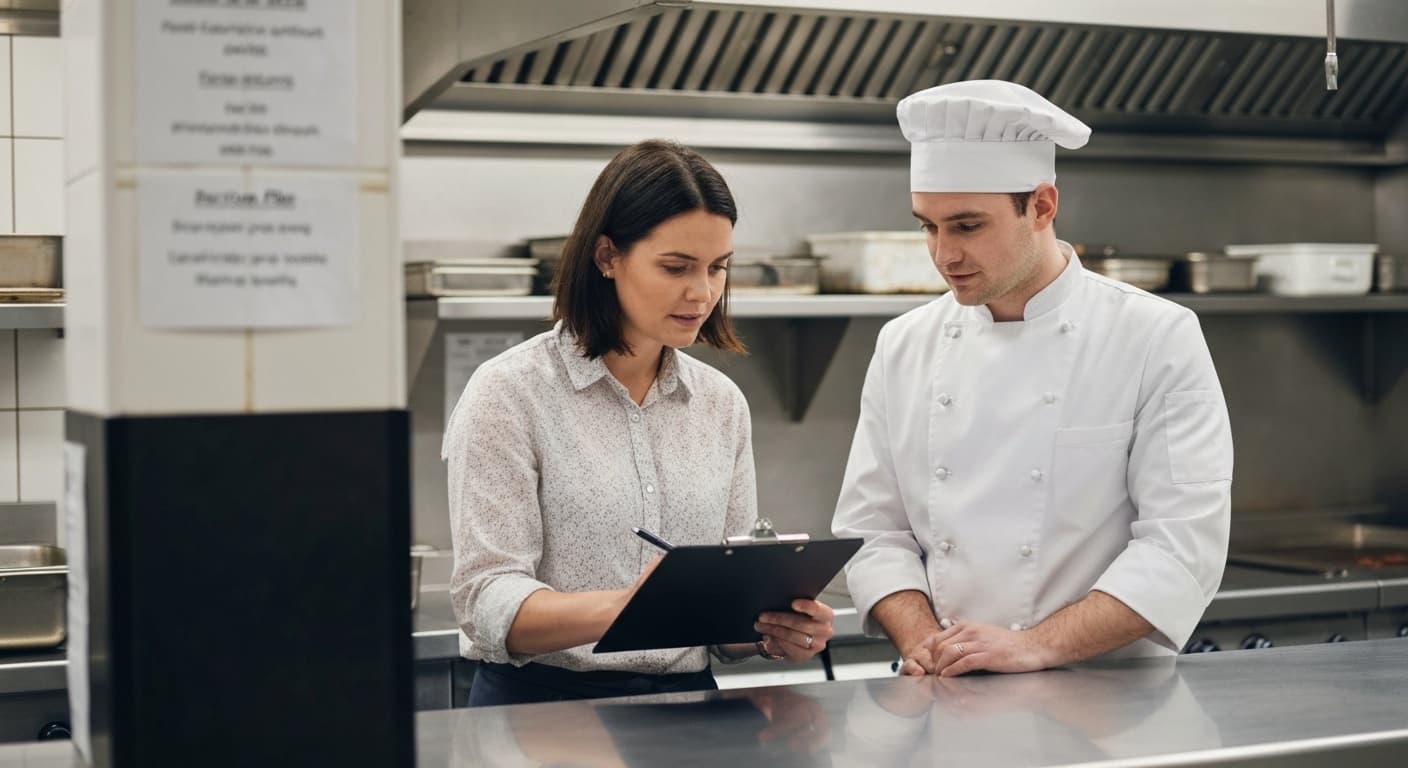 Food safety consultant reviewing an action plan with a head chef at the kitchen pass